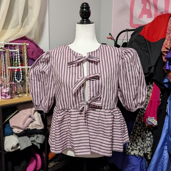 Tops - Pastel Pink And Grey Front Tie Puff Sleeve Top